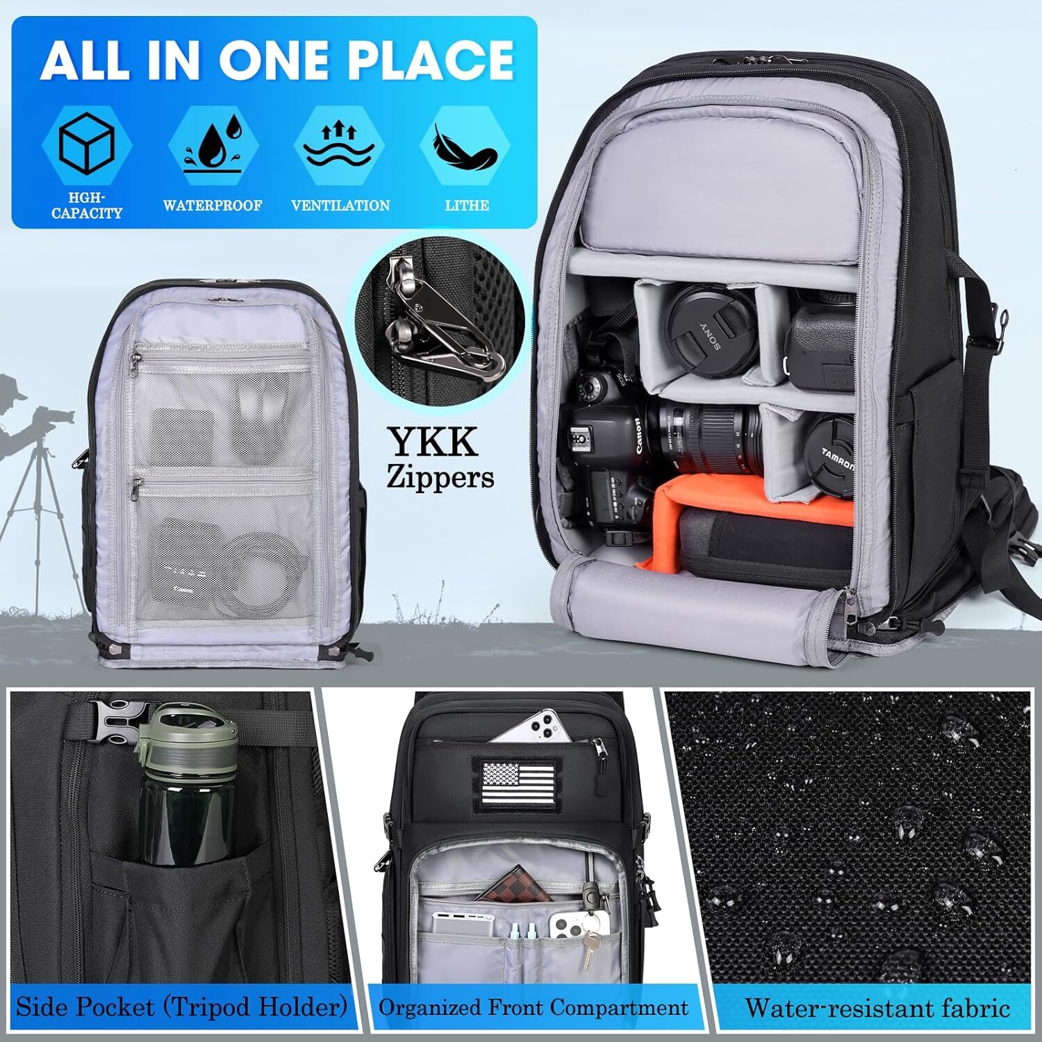 YMX Professional DSLR/SLR Mirrorless Waterproof 15.6 inch Tactical Camera Bags for Photographers with Rain Cover, Tripod Holder, Small Bag Photography