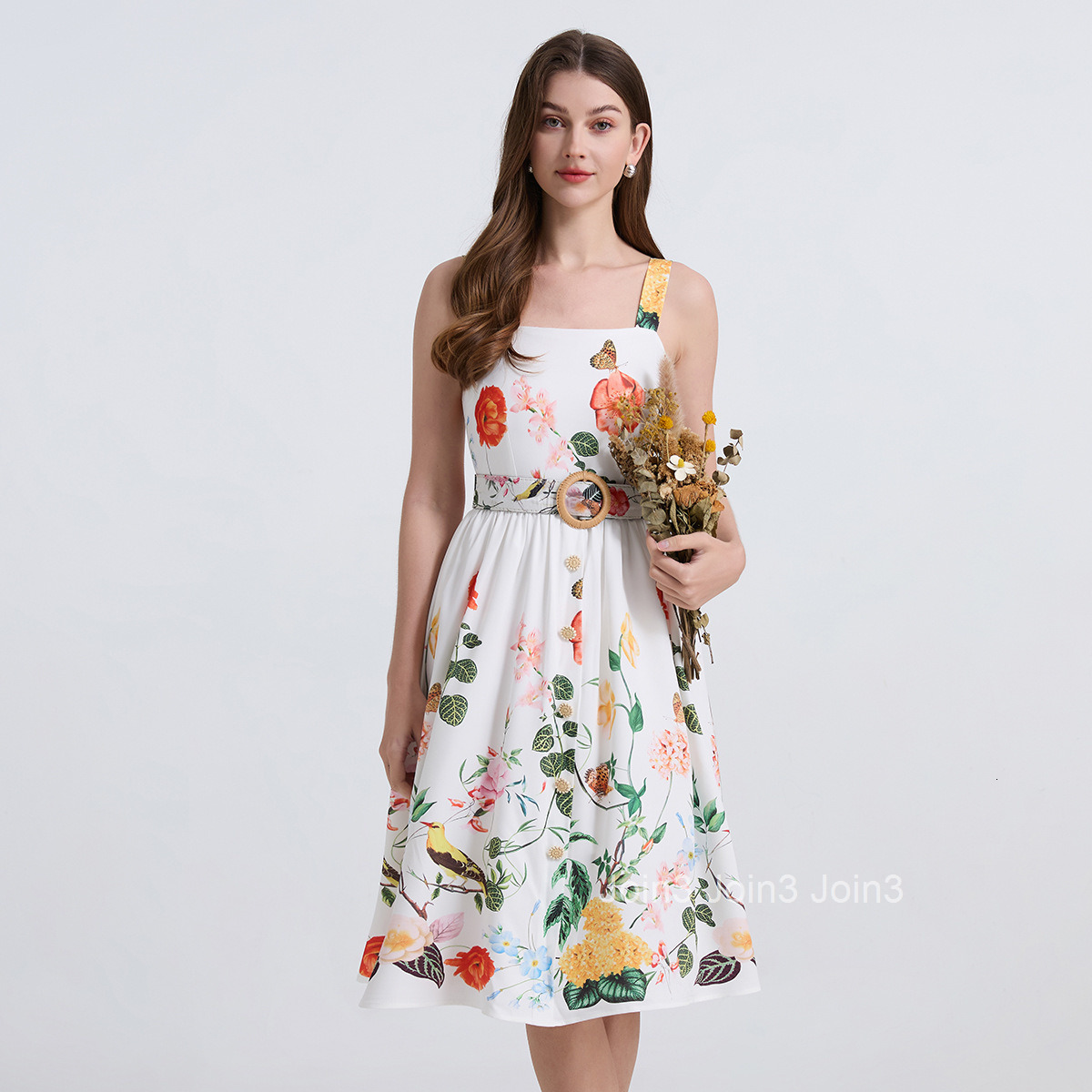 751 Summer Vacation Printed Sleeveless Strap Dress Woven Button Slim Fit Tank Dress