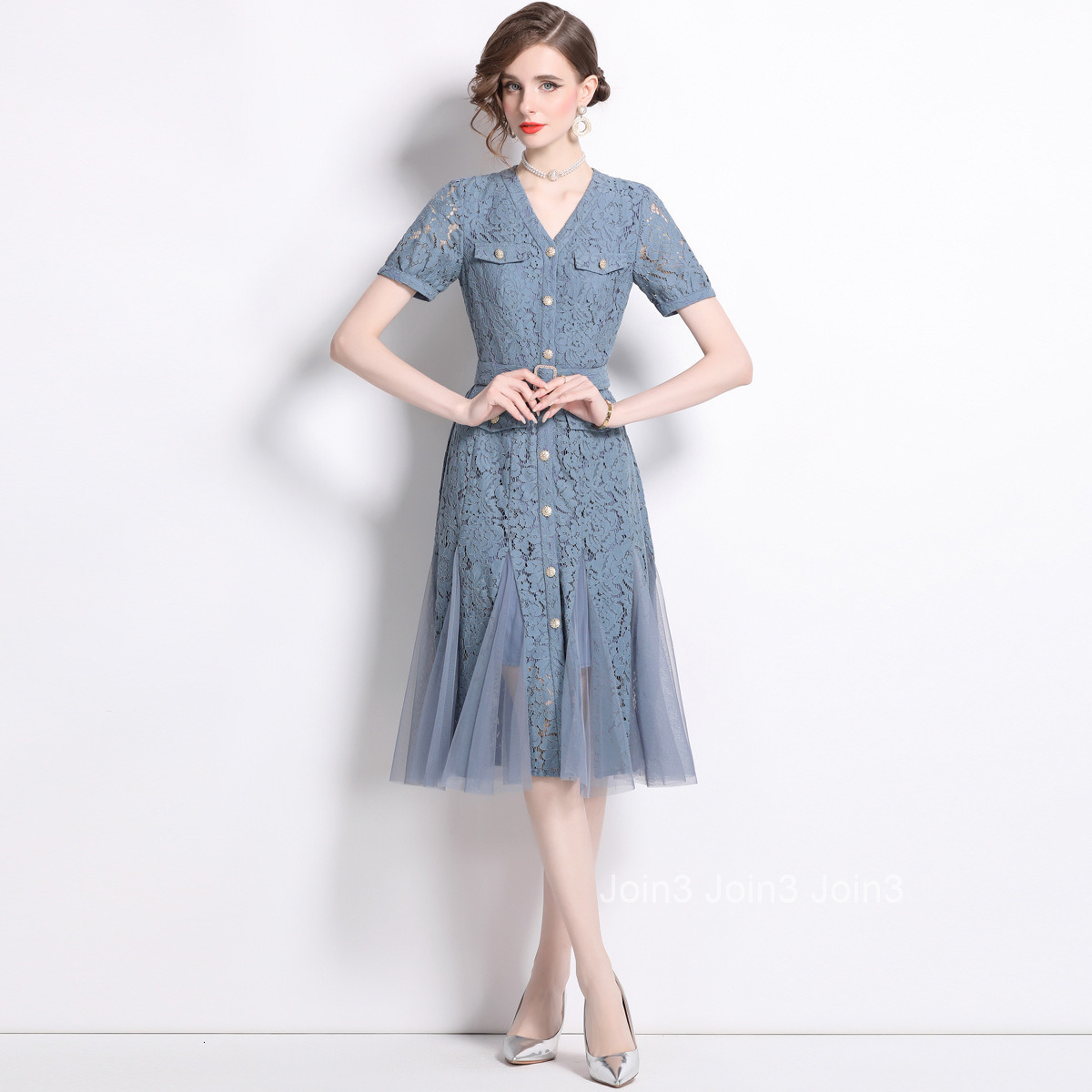 6867 Summer New Womens Fashion Large Hem Dress Lace Patchwork Mesh Waist Cinching Single-Breasted V-Neck Dress