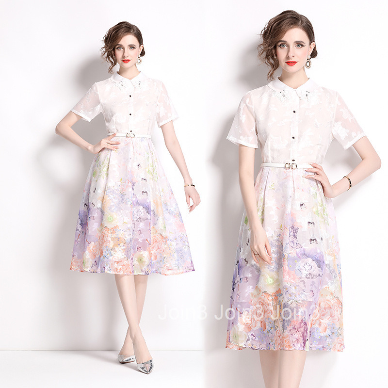 8026 Summer New Womens Fashion Elegant Socialite Purple Printed Short Sleeve Slim Fit Mid-Length Dress