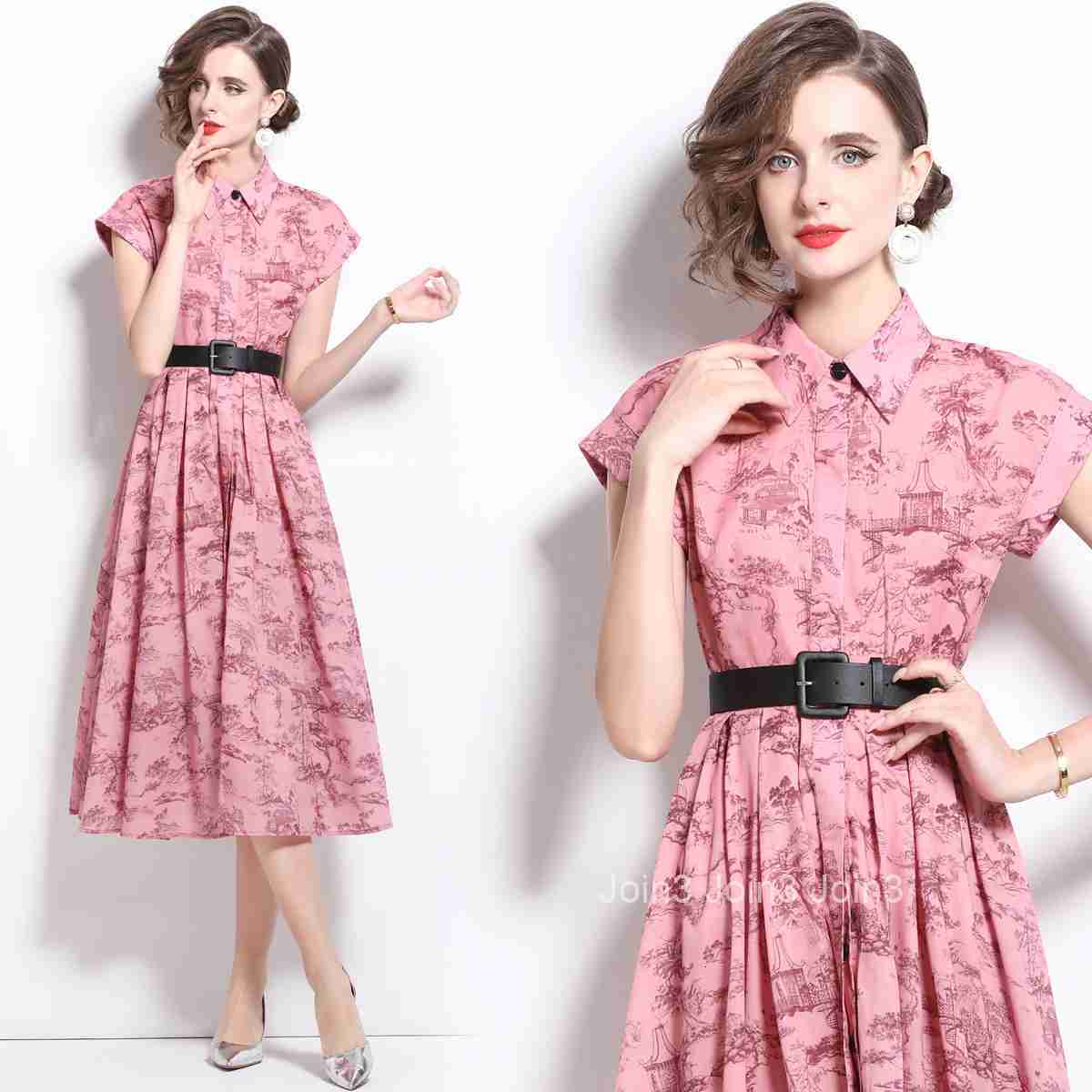 1664 Summer New Womens Printed Turn-Down Collar Short Sleeve Slim Mid-Length Dress with Belt
