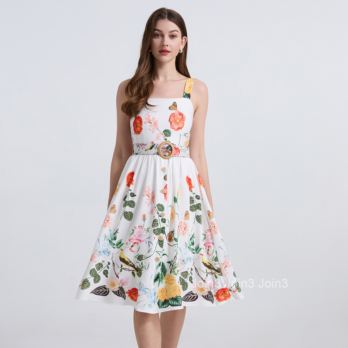 751 Summer Vacation Printed Sleeveless Strap Dress Woven Button Slim Fit Tank Dress