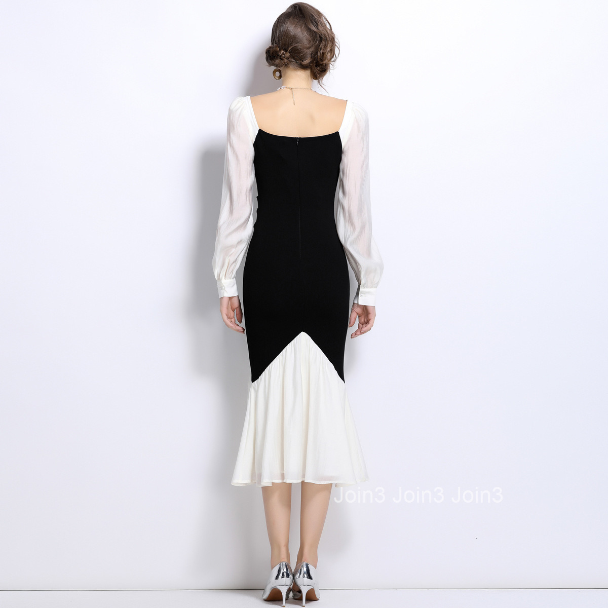 6995 Autumn New Womens Clothing Style Square Collar Contrast Splicing Knitted Dress Slimming Fish Tail Long Dress