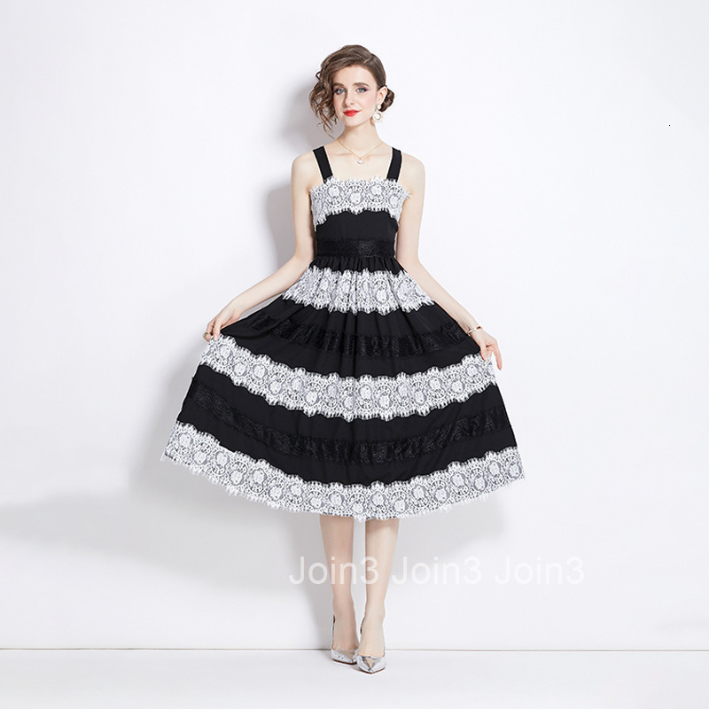 8003 Summer Fashion Show New Lace Splicing Black Long Dress French Elegant Strap Dress for Women