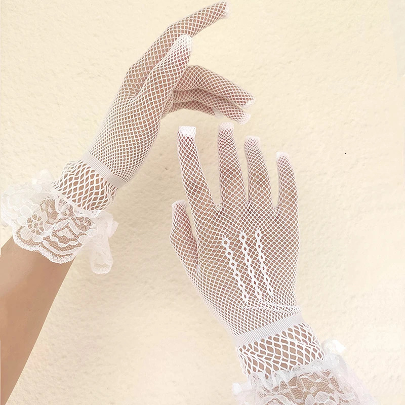 Black White Mesh Fishnet Gloves For Women Lace Bow Wrist Gloves Full Finger UV-Proof Driving Gloves Lady Sheer Fishn Net Gloves 250717
