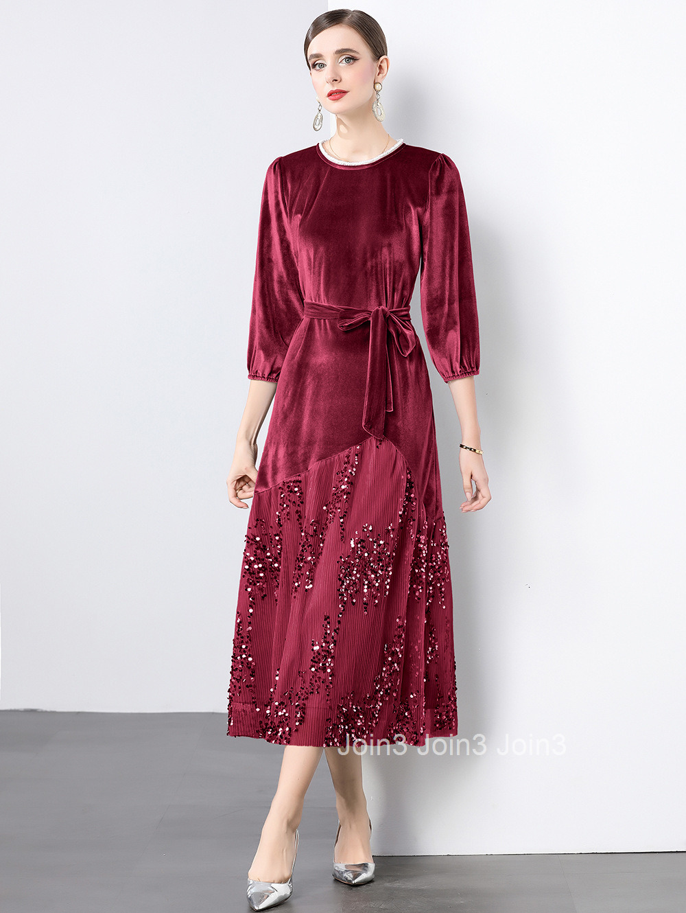 9865 temperament lace sequin spliced velvet dress