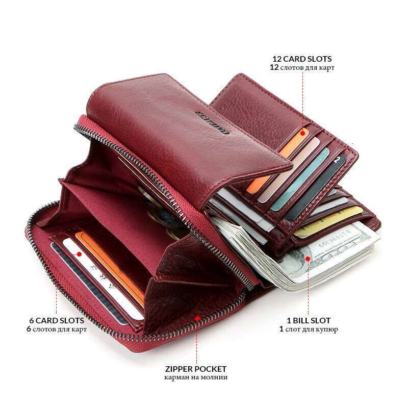 CONTACT'S Genuine Leather Wallet Short Coin Wallets for Women Female Card Holder Red Small Hasp Money Bag