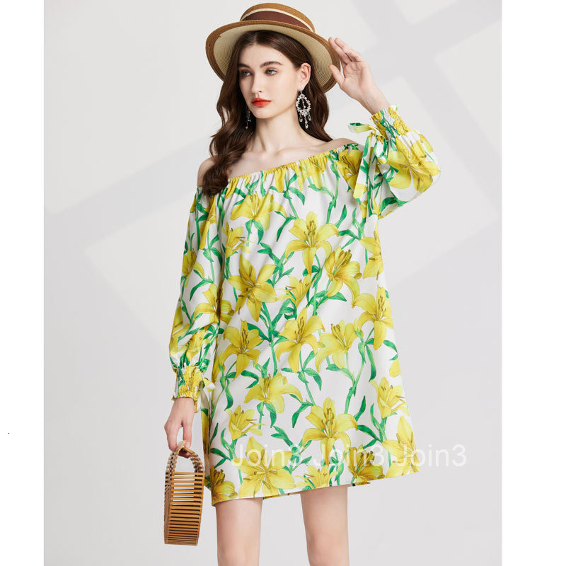 037 Summer New Womens Fashionable Printed Off-Shoulder Long Sleeve Loose Short Dress