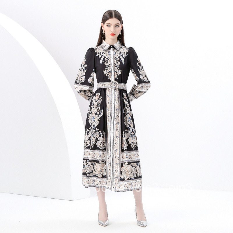 6145 Early Spring New Womens Clothing Style Elegance Style Flip Collar Lantern Sleeve Printed Long Dress