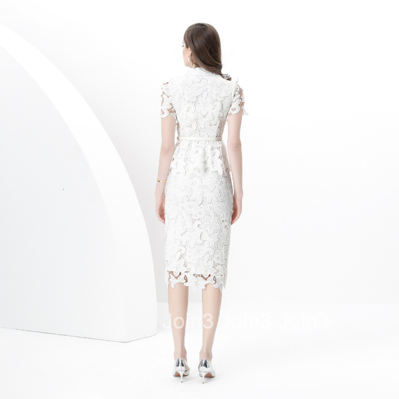 8880 Spring Summer New Womens Suit Collar Short Sleeve Elegant Lace Bodycon Midi Dress