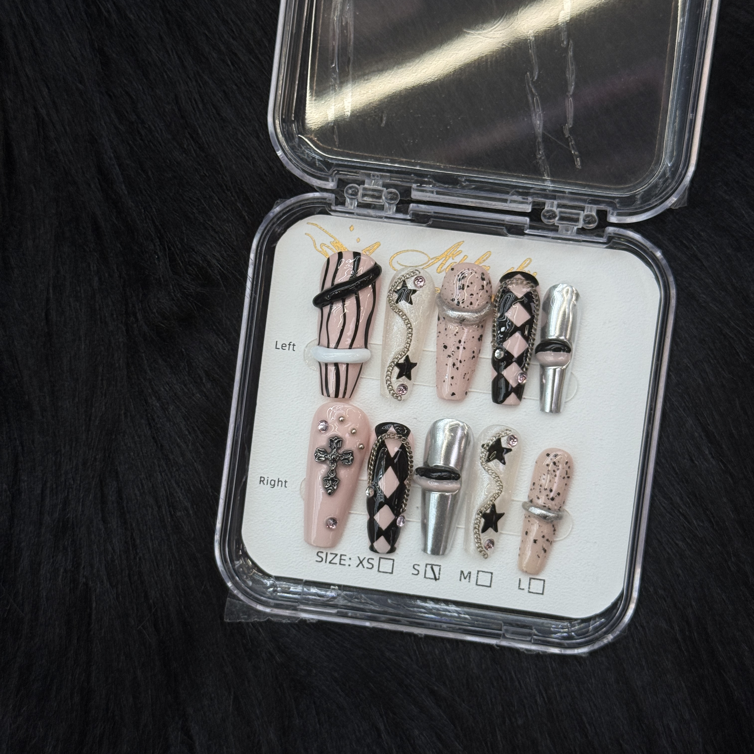 10Pcs Gothic Punk 3D Star Cross Decor Press - on Nails, Pink Black Mixed Stylish Wearable Nails