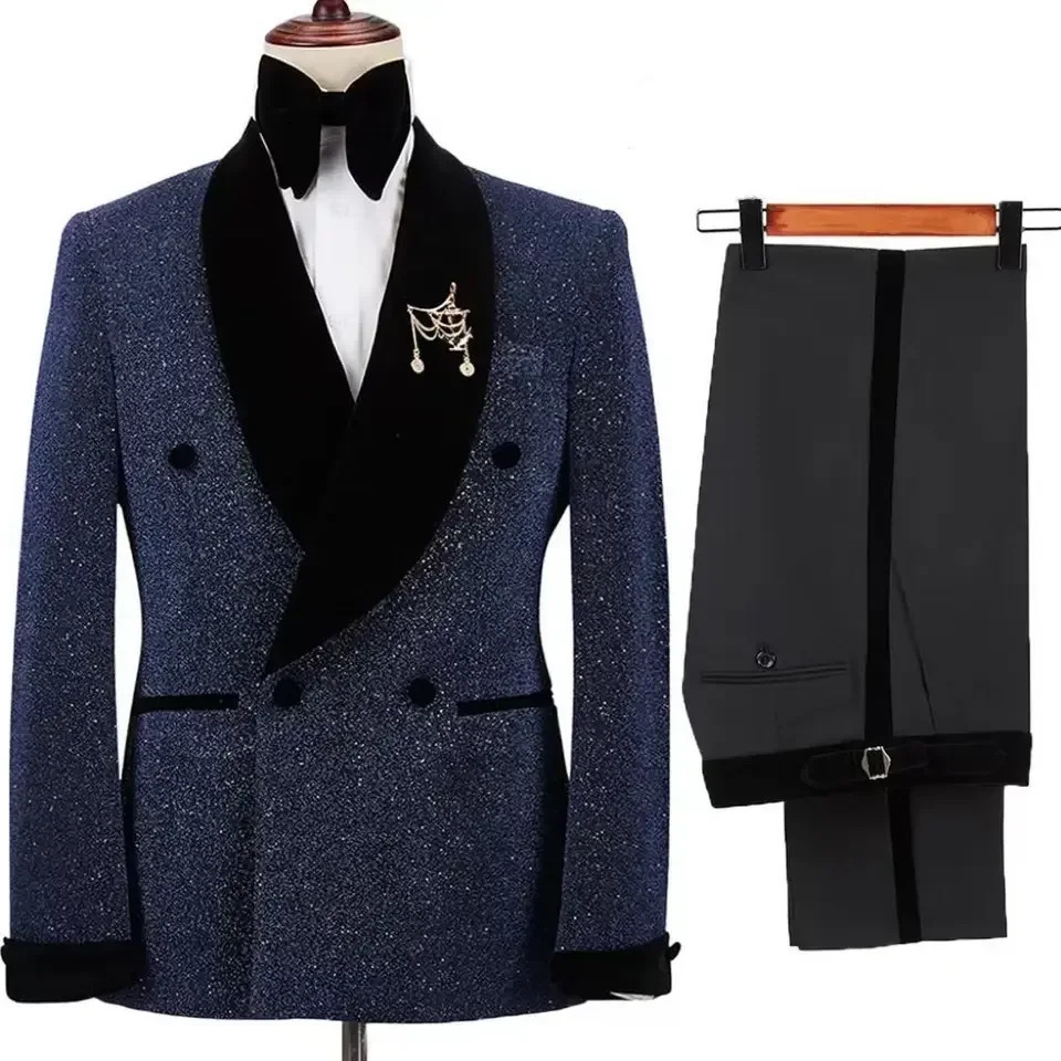 Men Suits 2 Pieces Shining Jacket With Black Pants Set Velvet Shawl Collar Wedding Groom Tuxedos Double Breasted Dress Costumes 250717