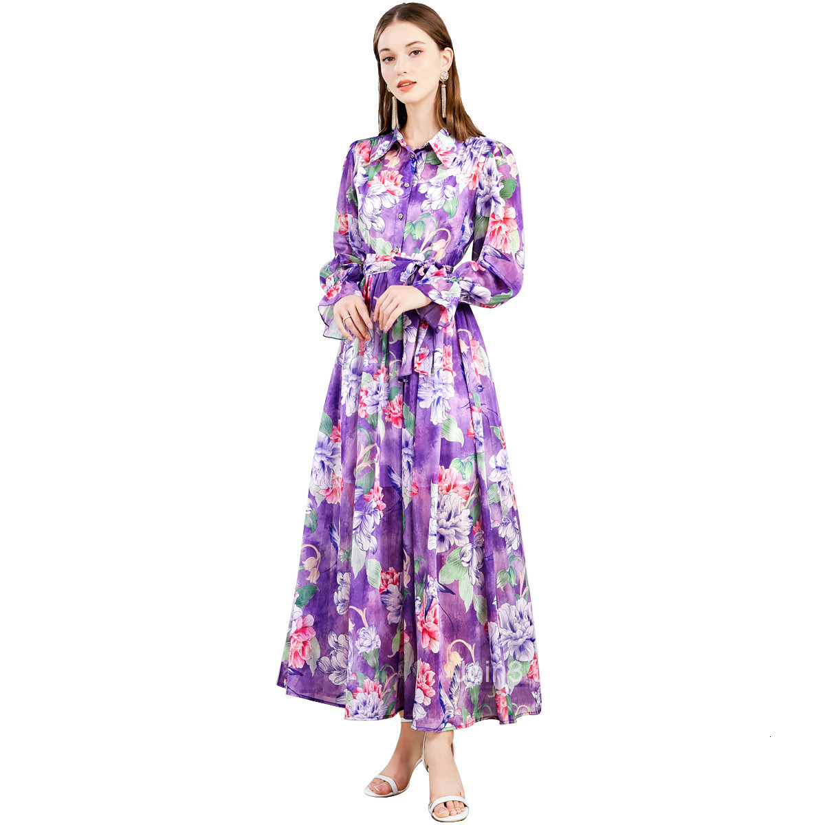6854 Spring and Autumn New Womens Clothing Pastoral Style Printed Flared Long Dress with Turn-Down Collar and Bell Sleeves