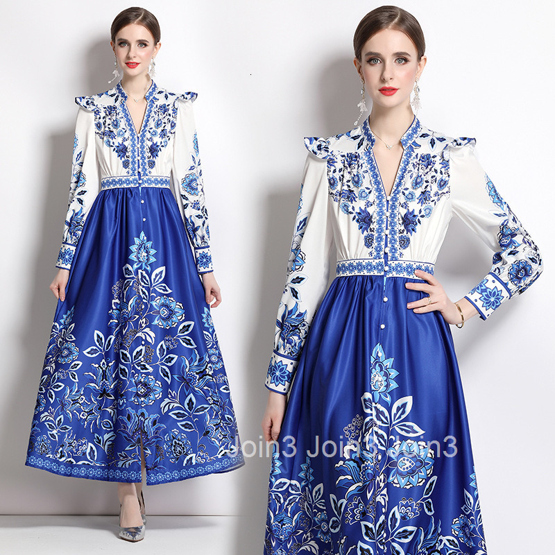 2296 Spring New Womens Printed Slimming Waist Elegant Long Sleeve Flared Long Dress
