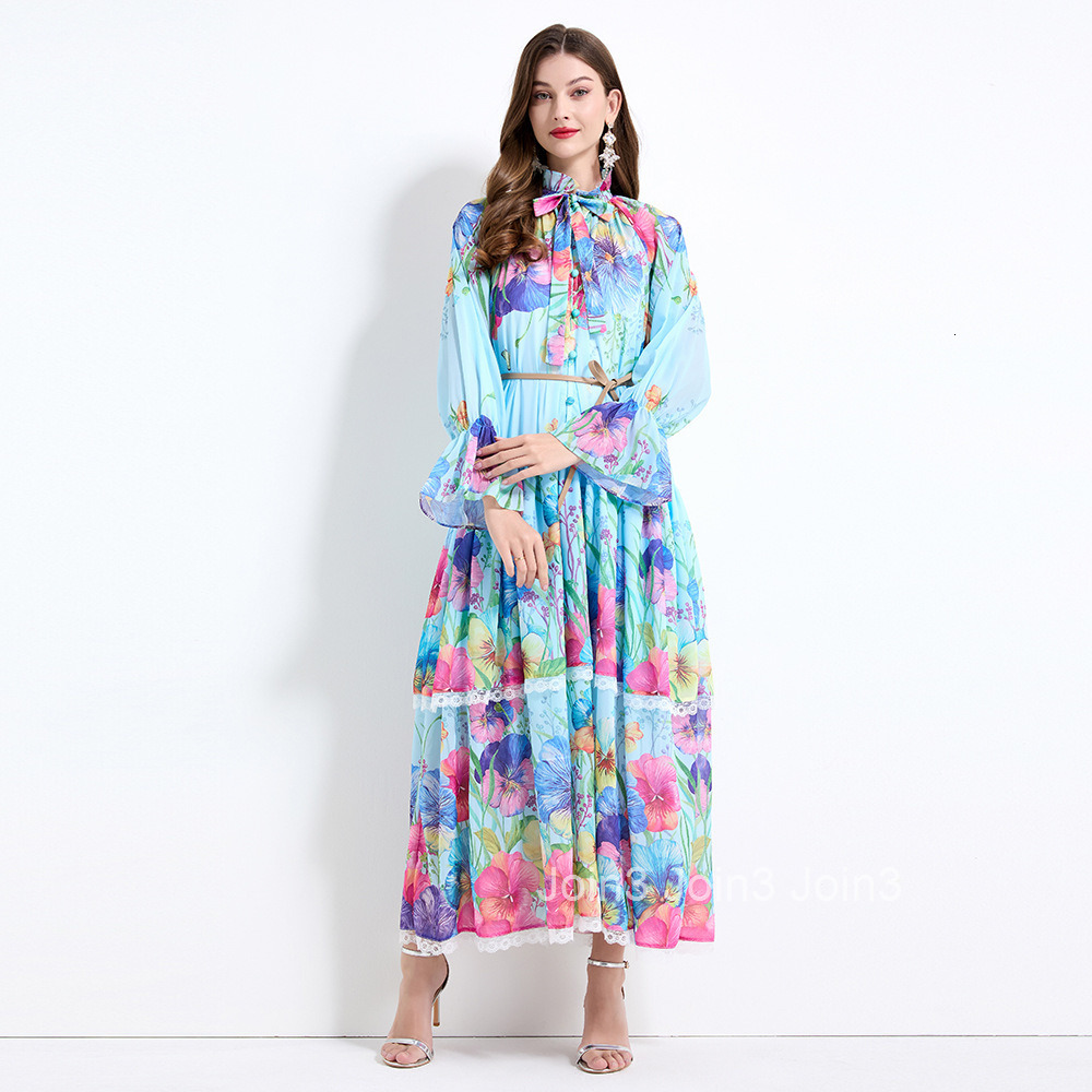 2174 Spring New Womens Clothing Vacation Style Lace Cake Dress Floral Print Waist-Cinching Long Dress - Two-Piece Set