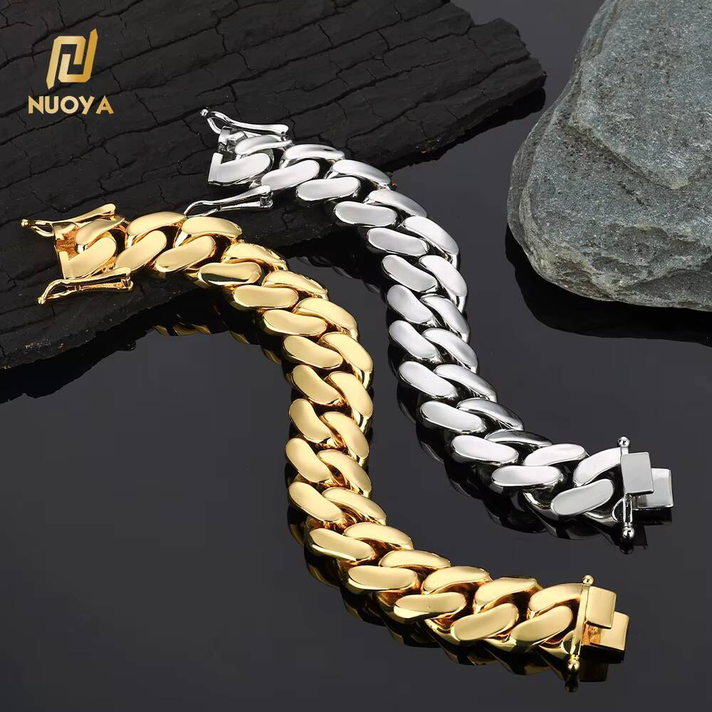 NUOYA 14K Gold Plated Thick Solid Cuban Link Chain Hip Hop Jewelry Iced Diamond Clasp Flat Miami Cuban Link Necklace for Men
