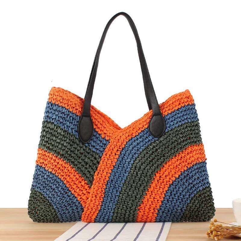 Handmade Woven Colorful Splicing Summer Beach Handbag, Simple And Versatile Women's Bag