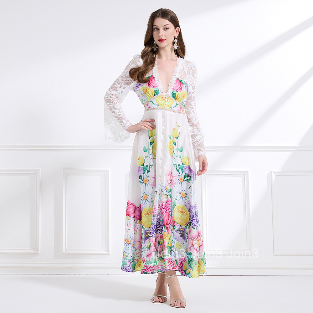 2183 Spring New Womens Fashion Elegant Vacation Style Lace Trim Patchwork Print Waist-Cinching Long Dress
