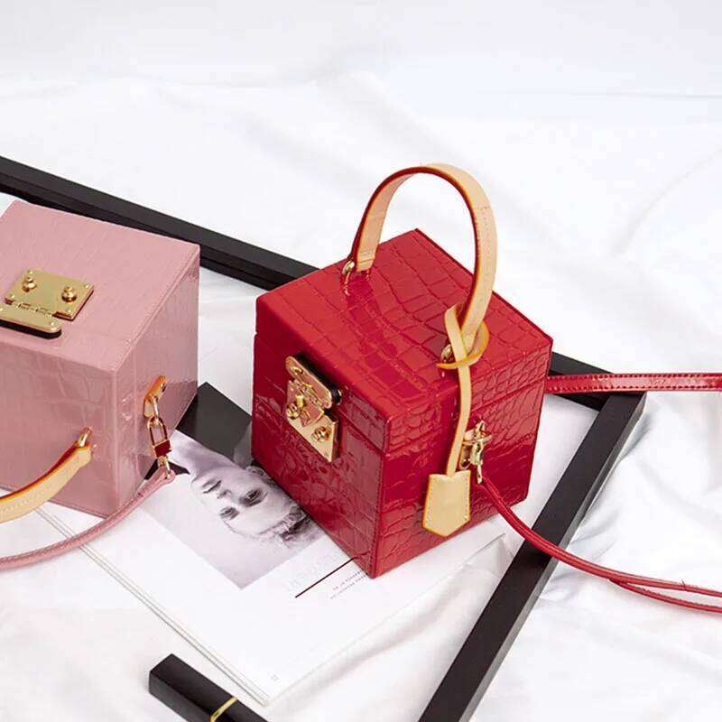 Vintage Colorful Hard Genuine Leather Shoulder Women Lock Case Fashion Small Box Ladies Crossbody Bag