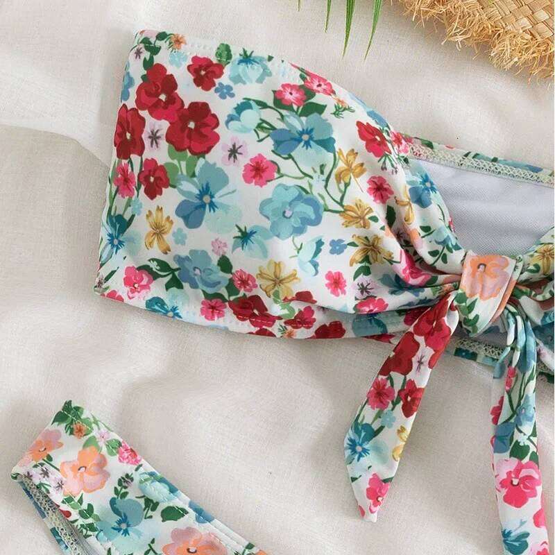 Floral Print Bandeau Bikini Set Off Shoulder Push Up Swimsuit Women Tube Top Bikinis Knot Swimwear 2024 Sexy Summer Bathing Suit