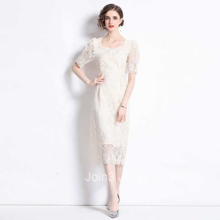 8561 Summer New Womens Fashion Square Neck Lace Embroidered Waist Slimming Elegant Dress