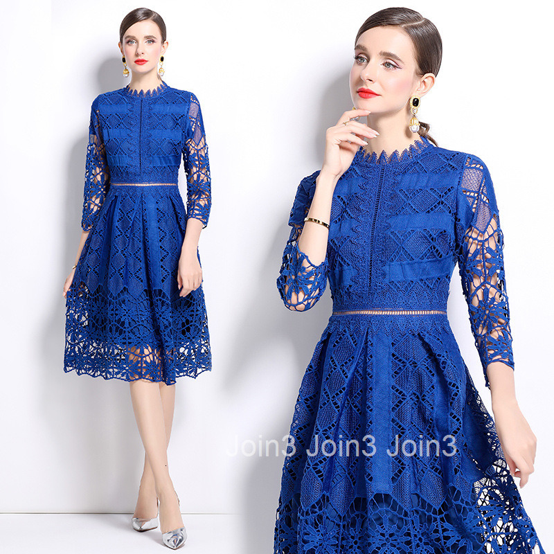 558 autumn new womens clothing style mid long sleeved slimming hollow out water-soluble lace mid length dress