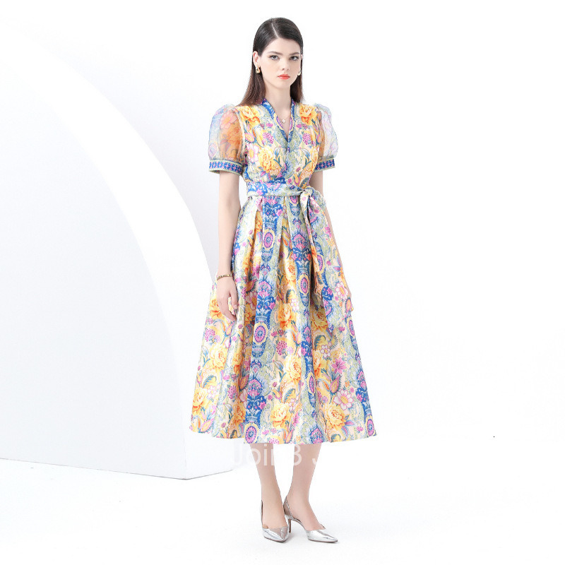 6023 Early Spring New Womens Vacation Wrap Tie V-neck Lantern Sleeve Long Dress Printed Dress