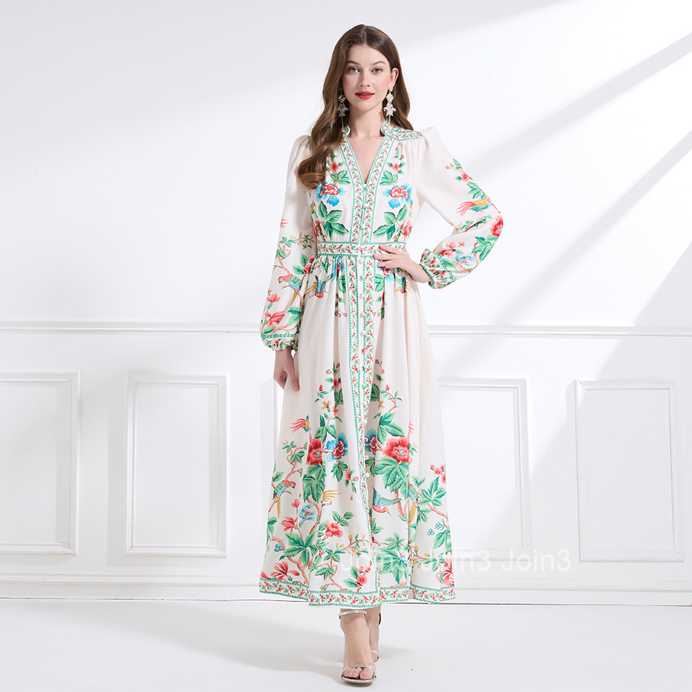 2193 Spring New Womens Vacation Style V-Neck Long Sleeve Printed Lantern Sleeve Waist-Cinching Long Dress