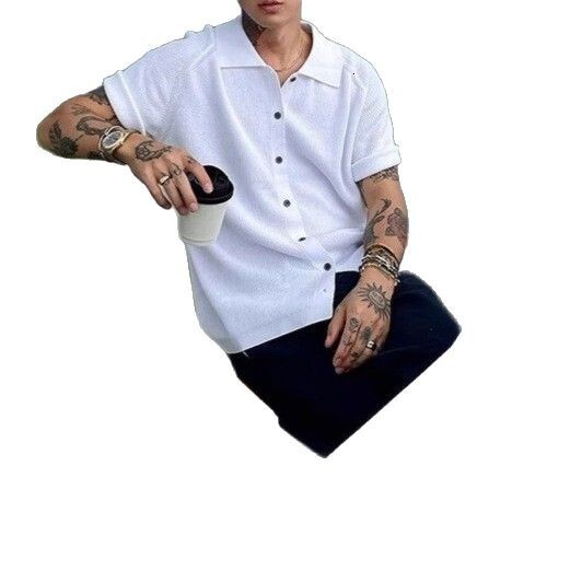 Old Money Style Turn-Down Collar Short Knitted Cardigan Men's Summer Thin Ice Silk High-End Casual Half Sleeve Shirt Jacket