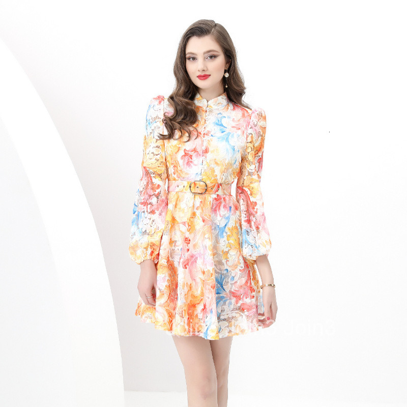 8847 Early Spring New Womens Fashion Elegant Lace Stand Collar Waist Cinching Lantern Sleeve Short Dress Printed Dress