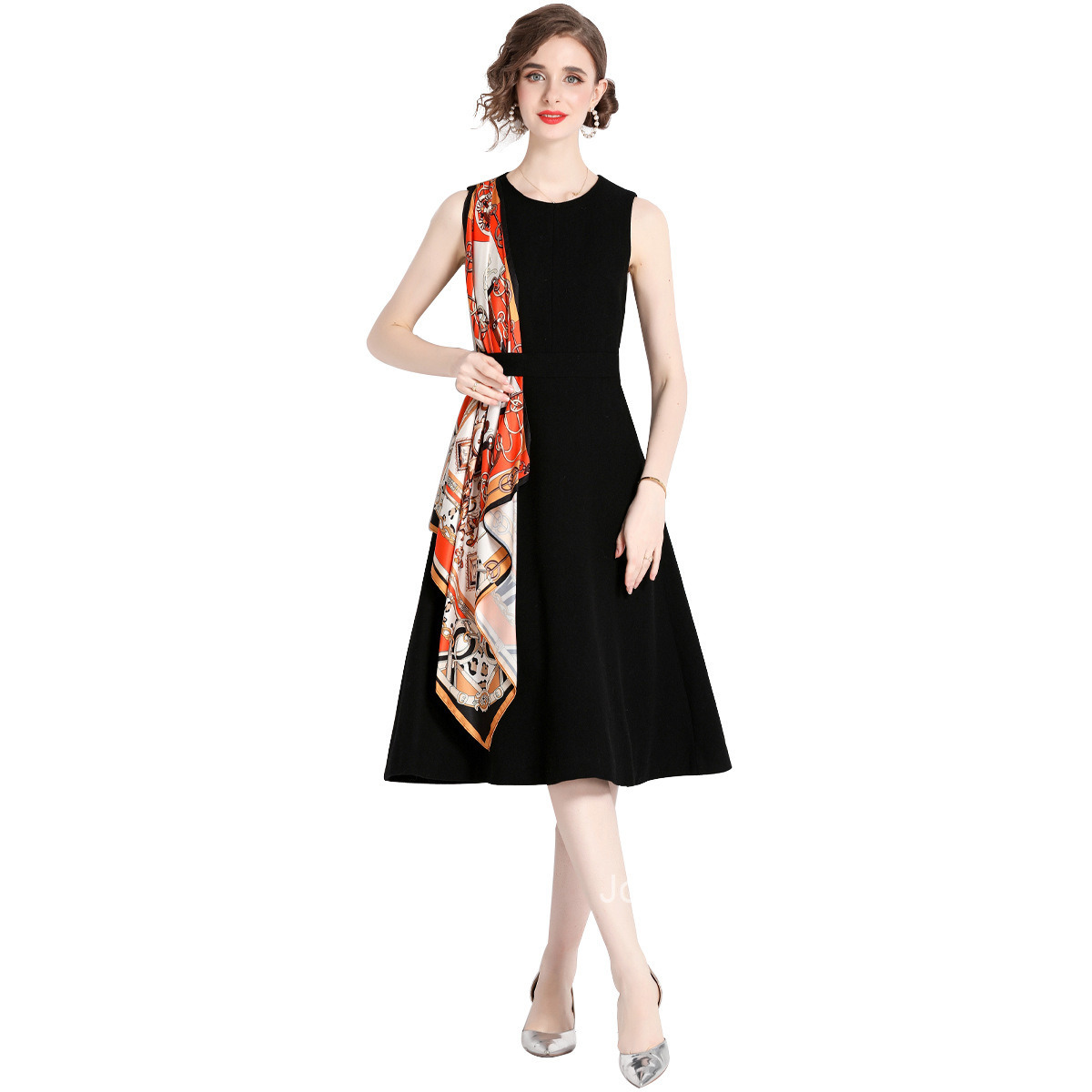 1949 Summer New Womens Printed Patchwork High Waist Slim Sleeveless Dress A-line Midi Dress