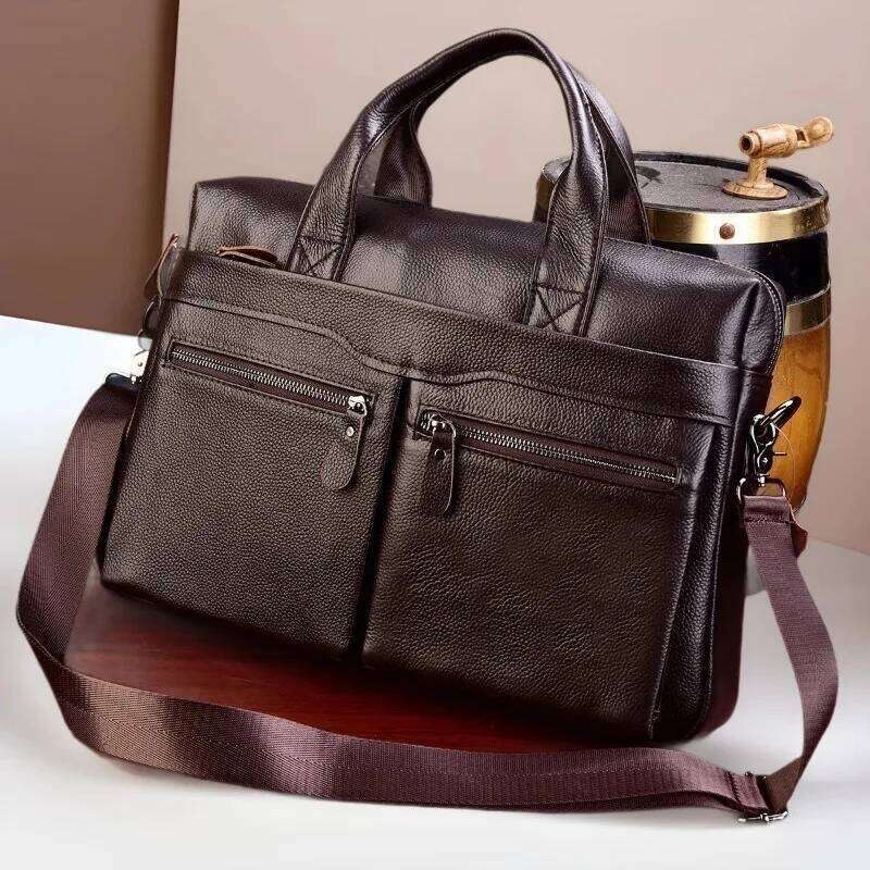 100% Genuine Leather Men's Briefcase Handbag High Quality Cowhide 15-Inch Computer Business Commuting Shoulder Crossbody Bag