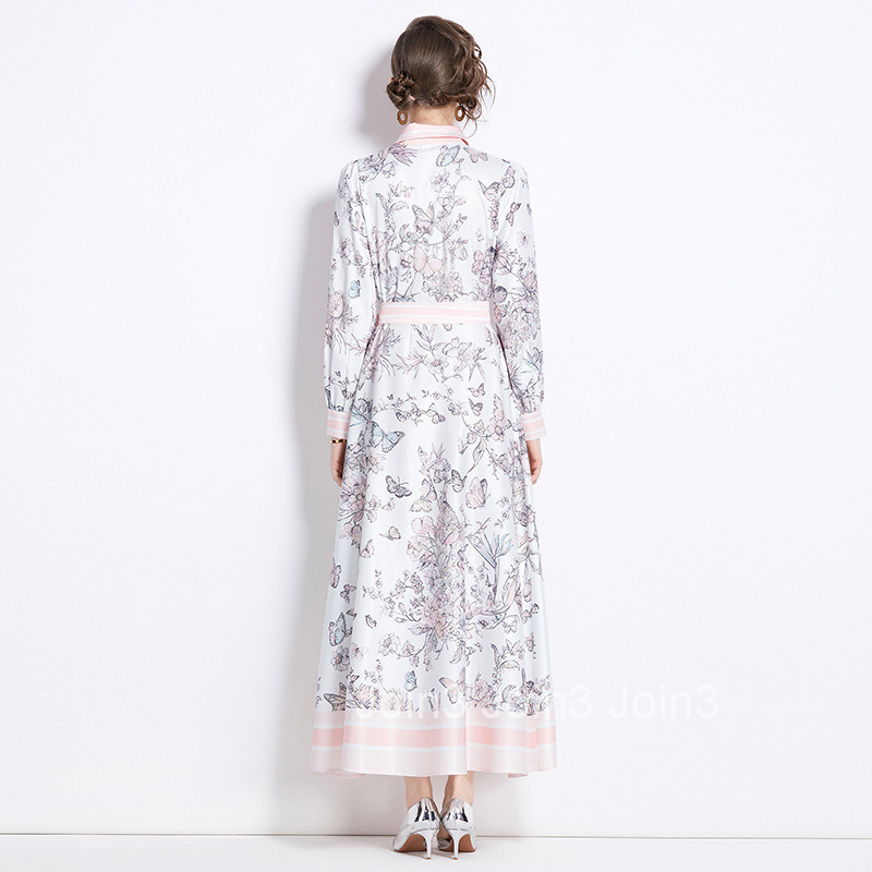 3936 Summer New Womens Fashion Printed Turn-Down Collar Long Sleeve Long Dress with Belt