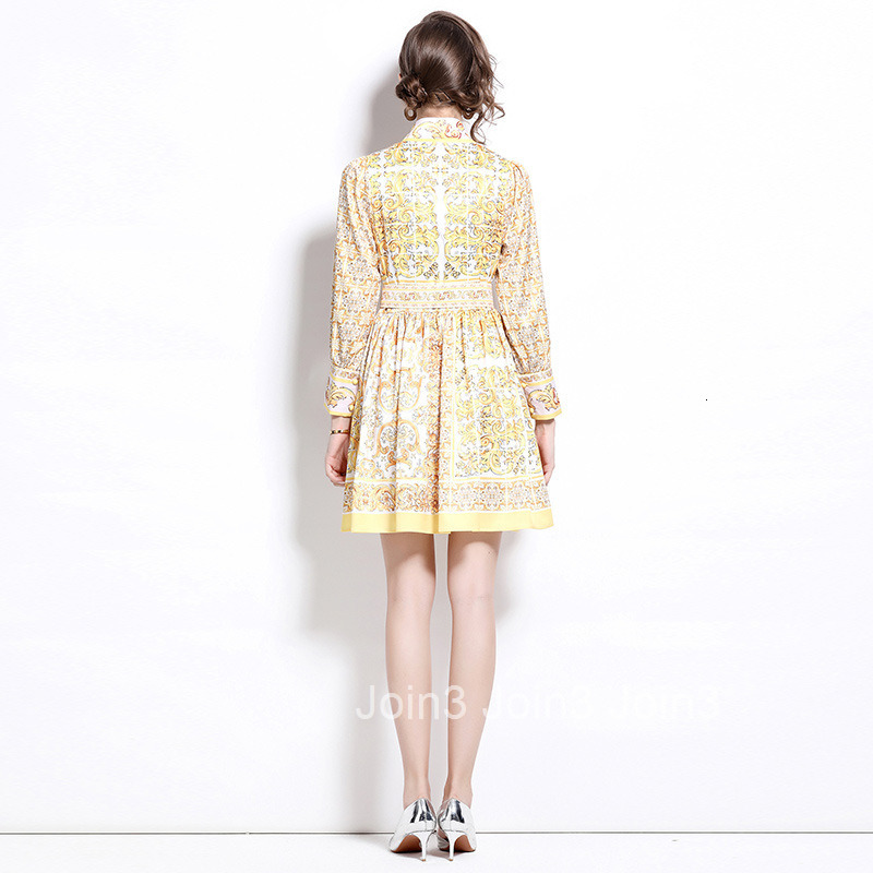6080 Autumn New Womens Clothing Style Fashion Stand up Collar Yellow Flower Porcelain Printed Dress with Belt