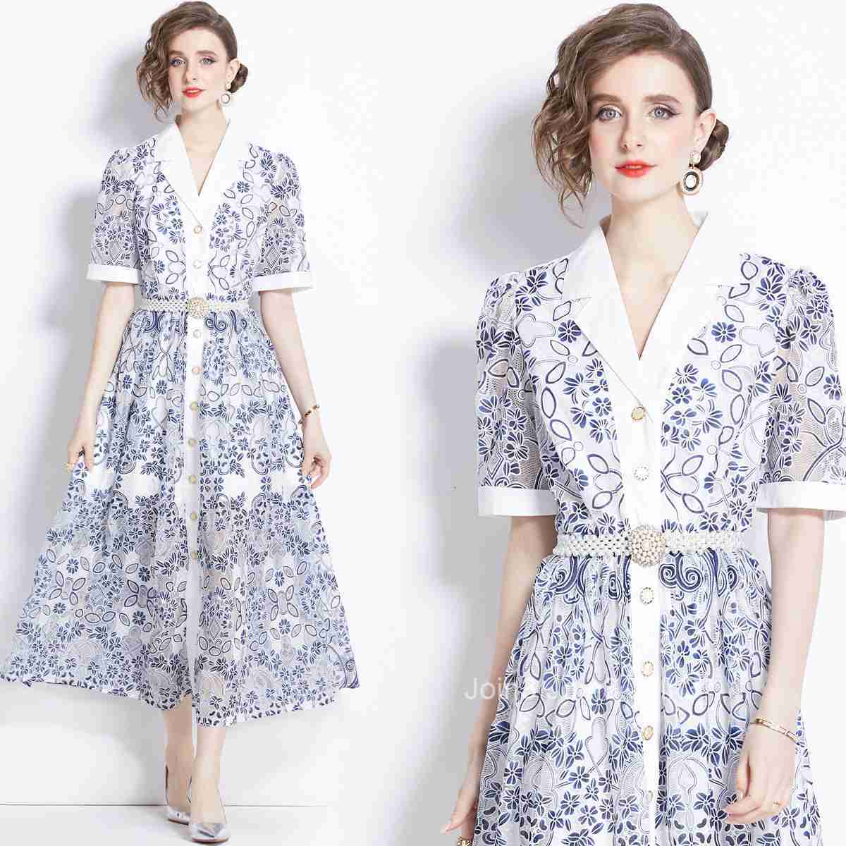 1644 Summer New Womens Casual Collar Single breasted Short sleeved Mesh Hollow Embroidered Dress