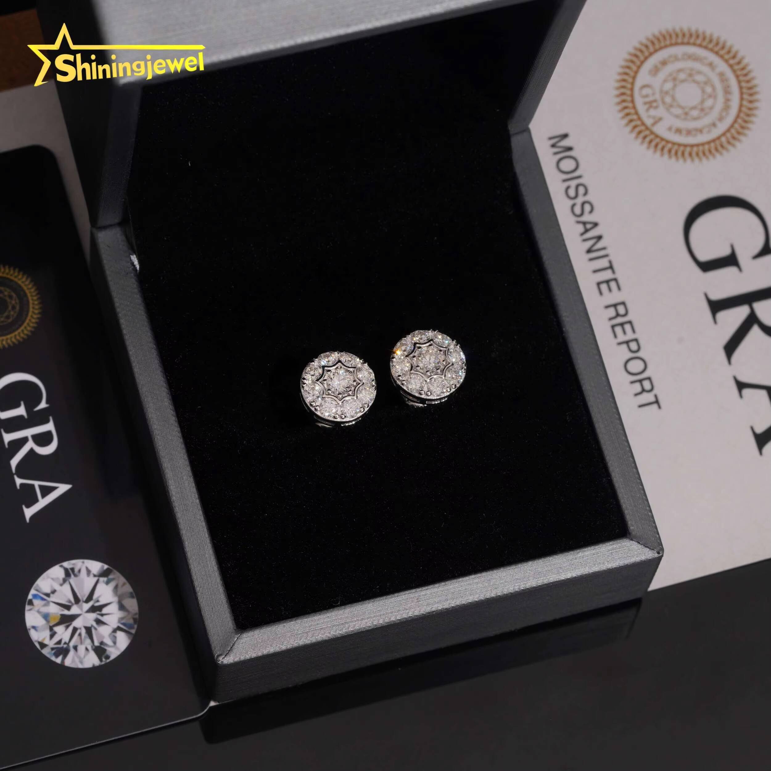 Fine Jewelry 925 Sterling Silver Ear Studs Screw Back Iced Out Hip D VVS Round Moissanite Earrings Men Women