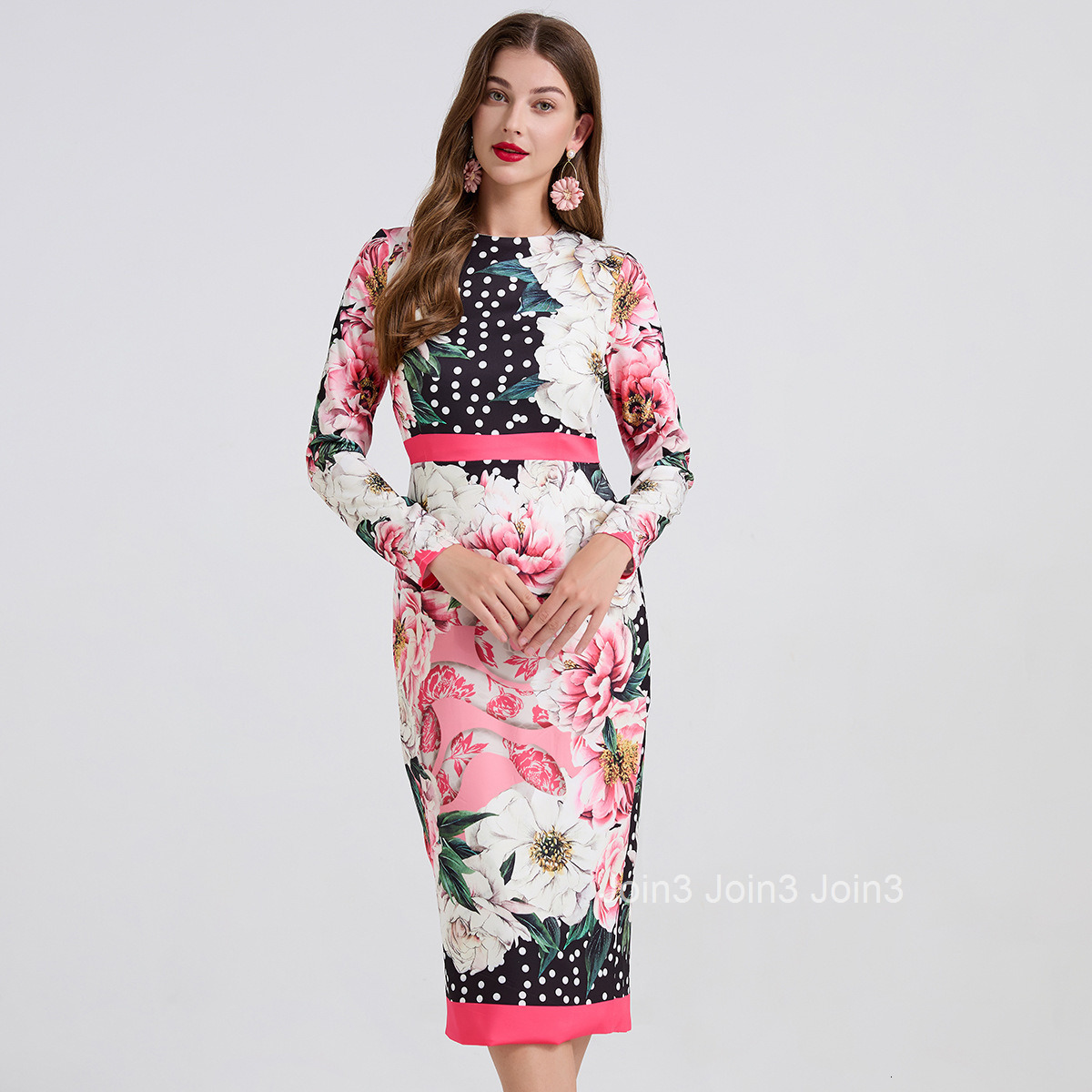 824 Style Positioning Dot Large Flower Slim Fit Bodycon Dress High Waist Round Neck Long Sleeve Dress