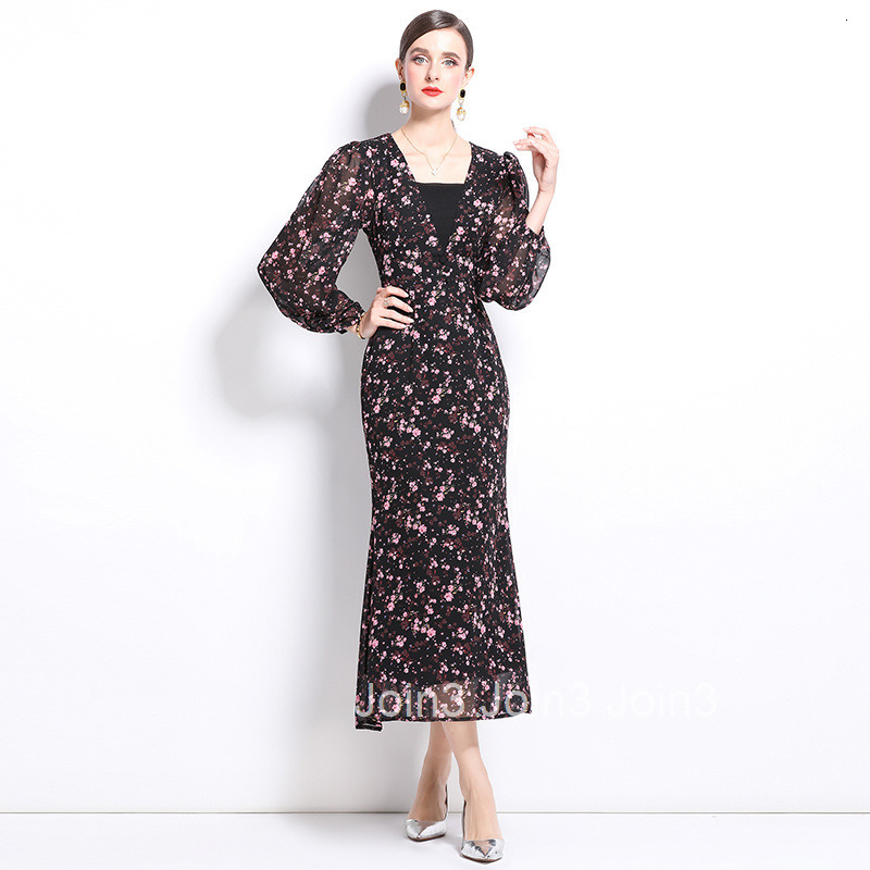 8738 Autumn Winter New Womens Fashion Elegant V-neck Long Sleeve Elastic Sleeve Long Dress