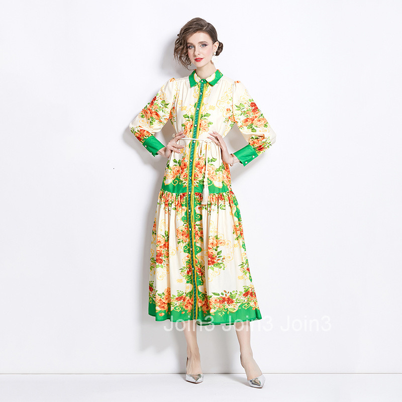 1211 Spring and Autumn New Cotton Linen Turn-Down Collar Lantern Sleeve Printed Long Dress