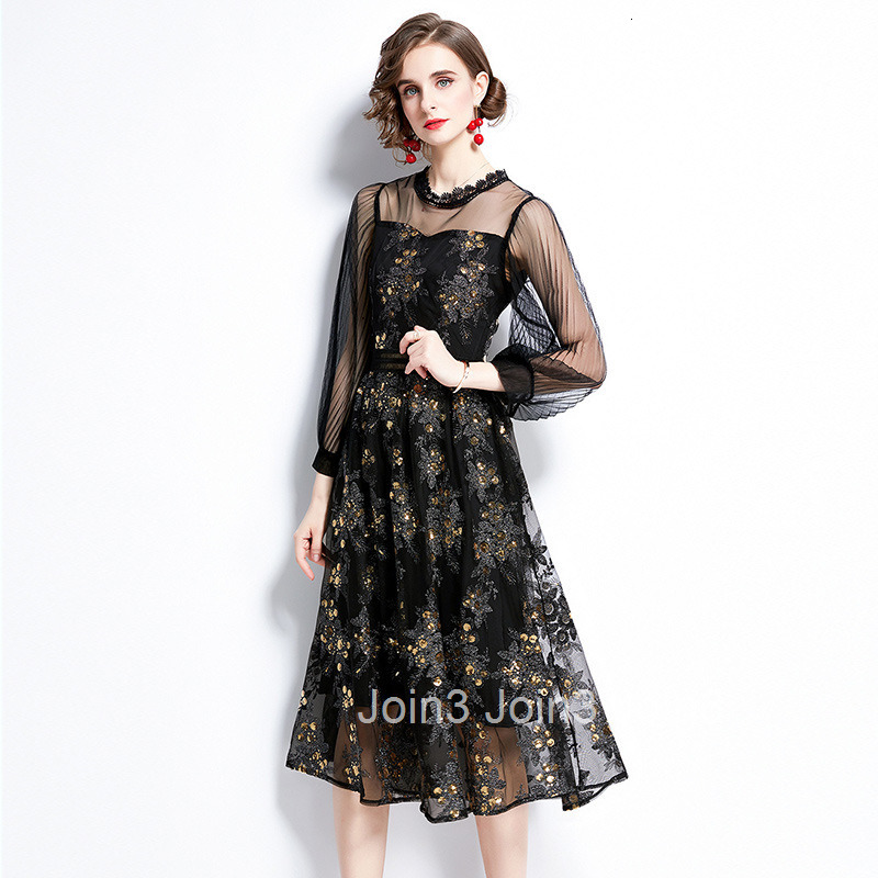 6515 Autumn New Womens Dress with Waist cinching and slimming temperament sequin embroidery round neck mesh A-line dress