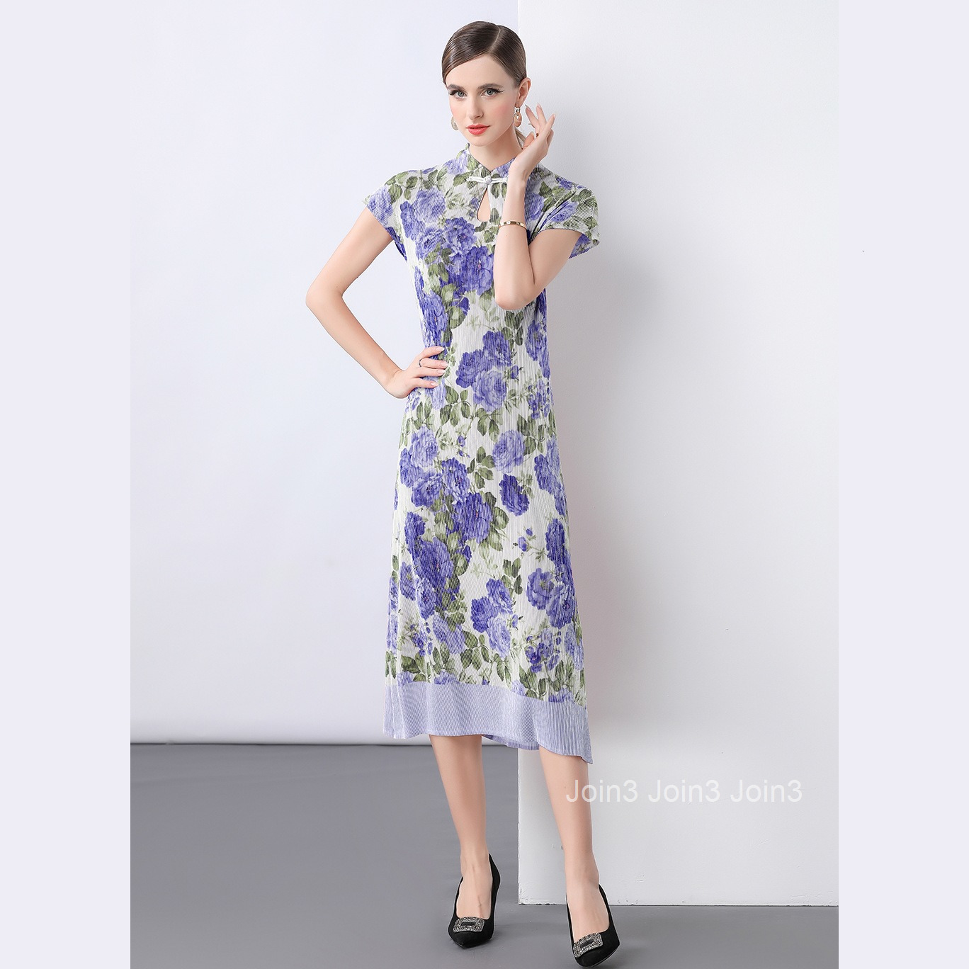 9911 Direct Sales Miyake Pleated Gold Spray Cheongsam Dress