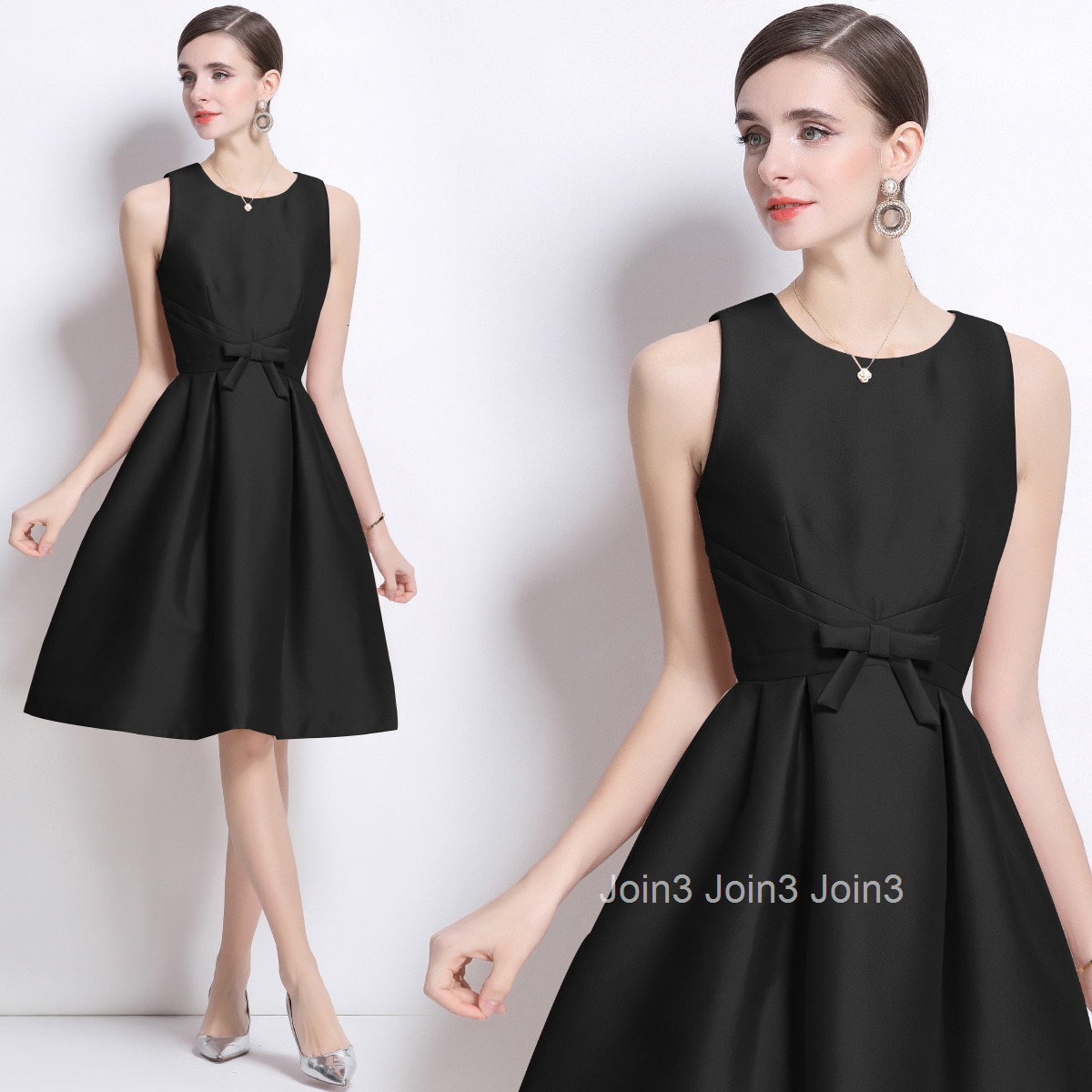6884 Bowknot Satin Dress French Style Elegant Slim Mid-Length Dress
