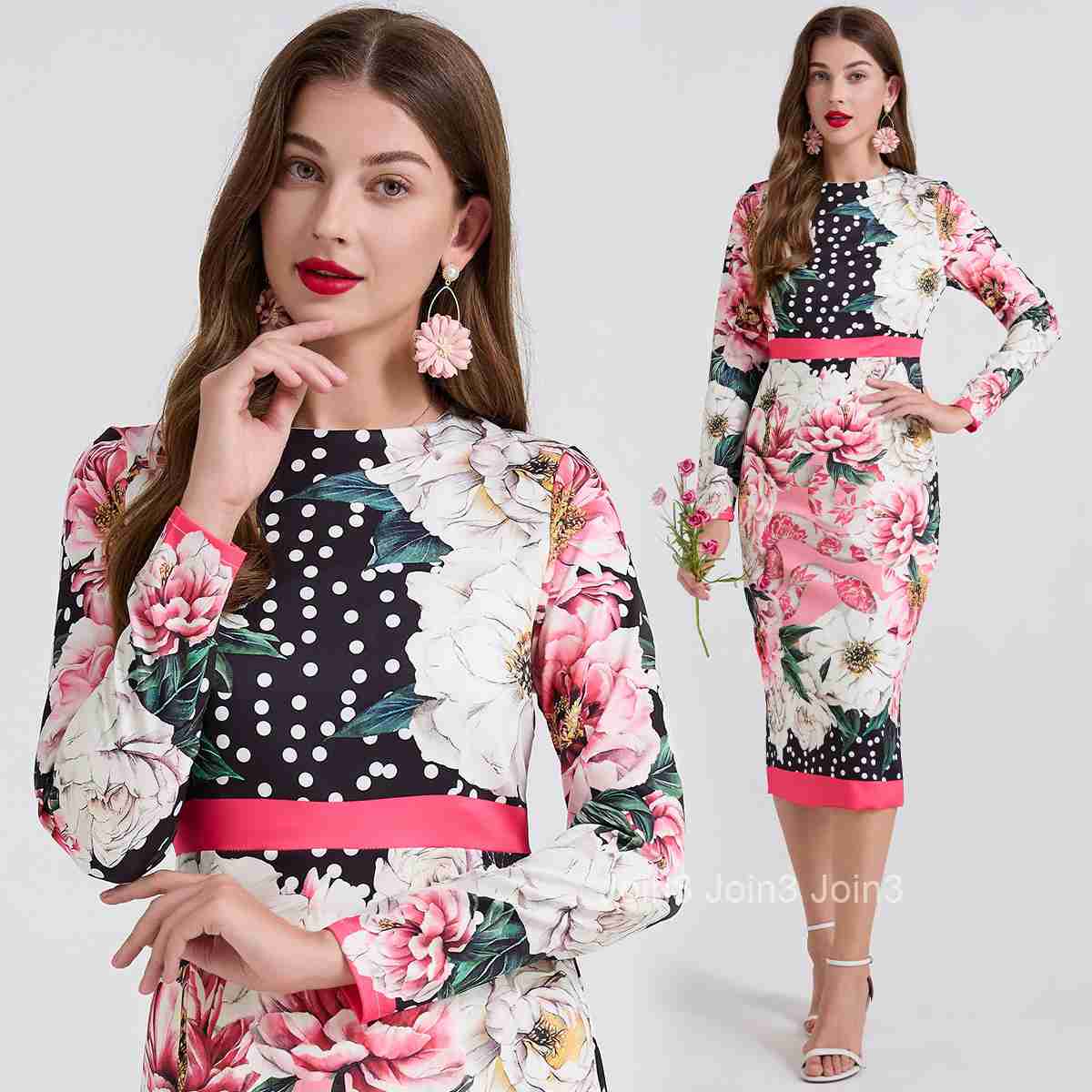 824 Style Positioning Dot Large Flower Slim Fit Bodycon Dress High Waist Round Neck Long Sleeve Dress