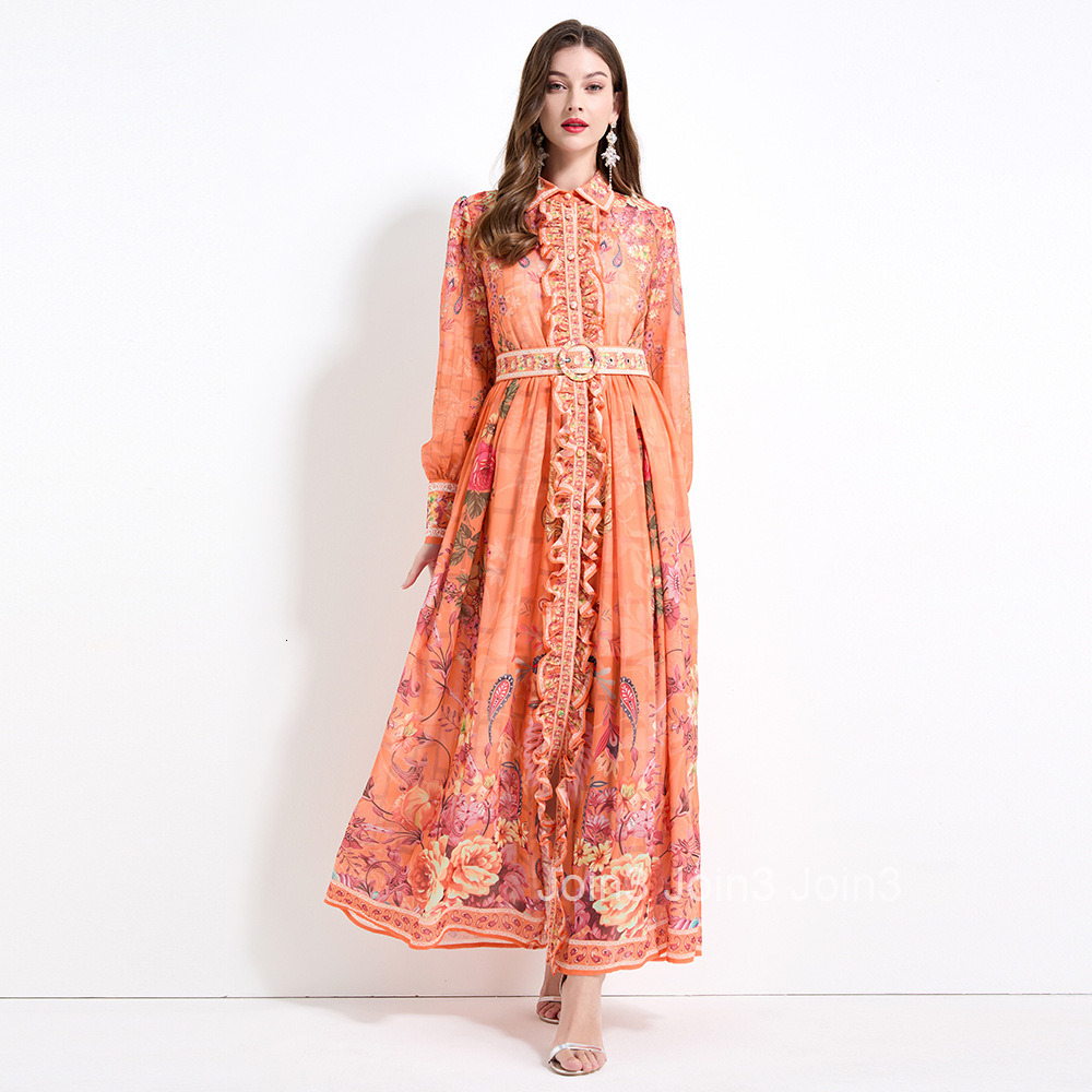 2161 Spring/Summer Chiffon Shirt with Printed Collar Long Sleeve Waist Collection Lotus Leaf Side Skirt - Two Piece Set