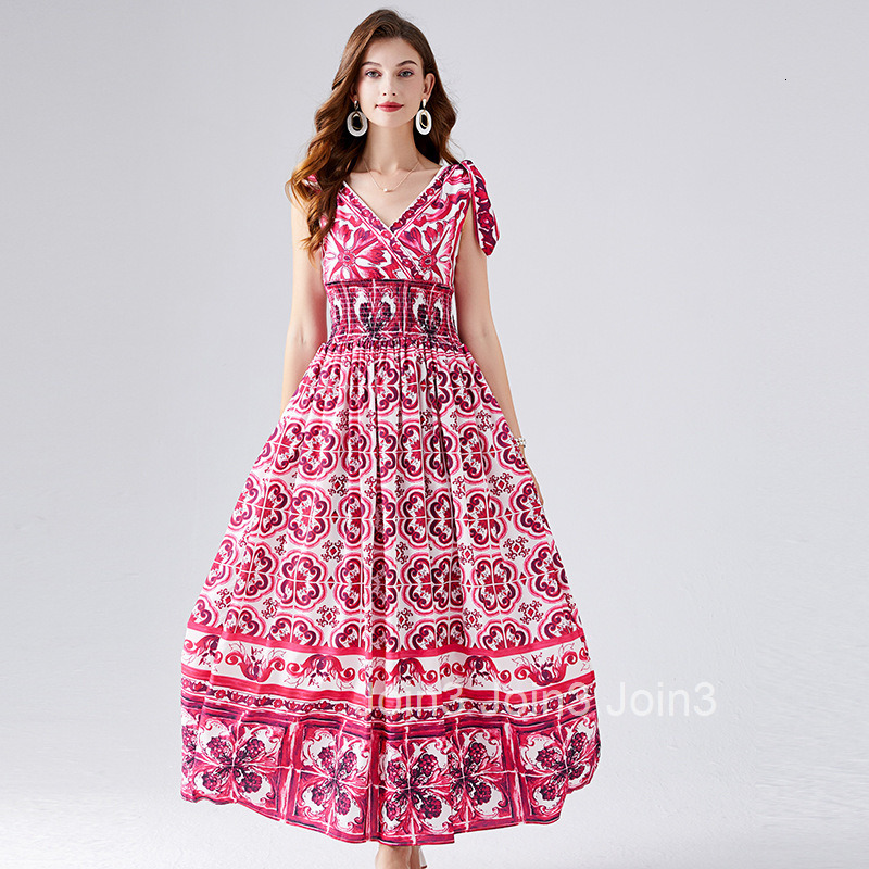 499 Summer Sexy V-neck Printed Elastic High-waisted Dress with Bow Tie Slim Fit Flared Dress