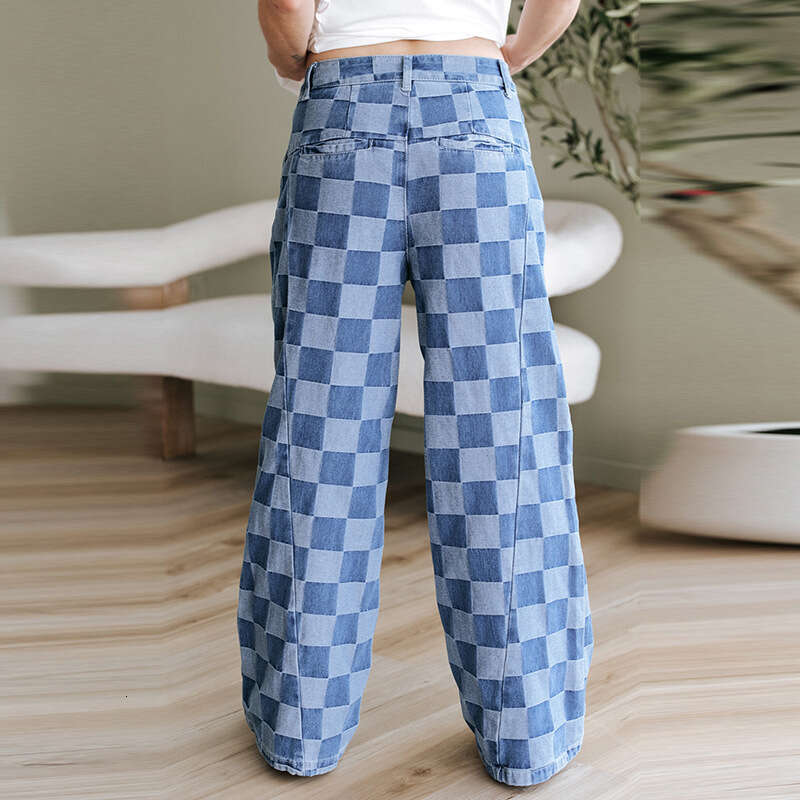 Trendy Plaid Print Jeans 2025 Autumn New High Waist Loose Wide Leg Pants for Women