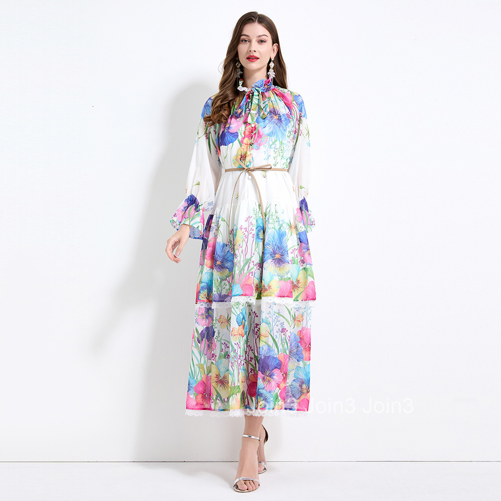2174 Spring New Womens Clothing Vacation Style Lace Cake Dress Floral Print Waist-Cinching Long Dress - Two-Piece Set