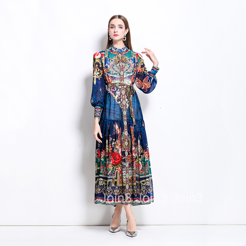 1249 Spring Summer New Chiffon Stand Collar Lantern Sleeve Printed Long Dress