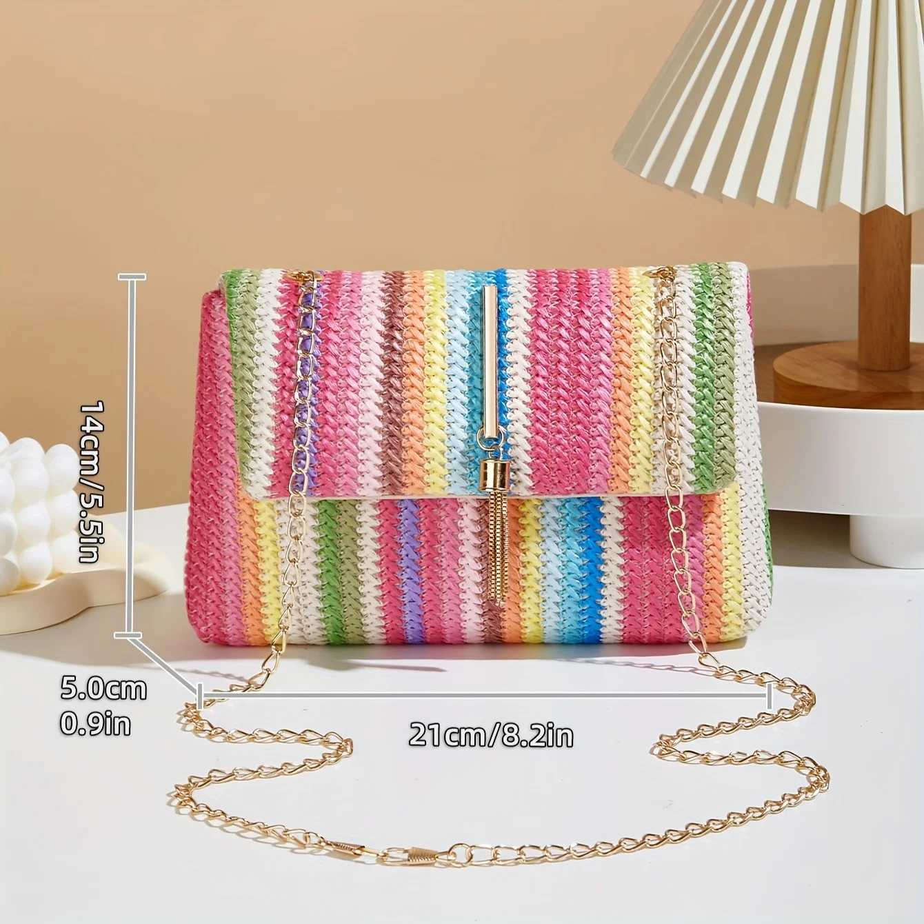 Chic Rainbow Stripe Straw Crossbody Bag for Women Adjustable Shoulder Strap Magnetic Closure Tassel Accent Fashion Square Purse Y250719