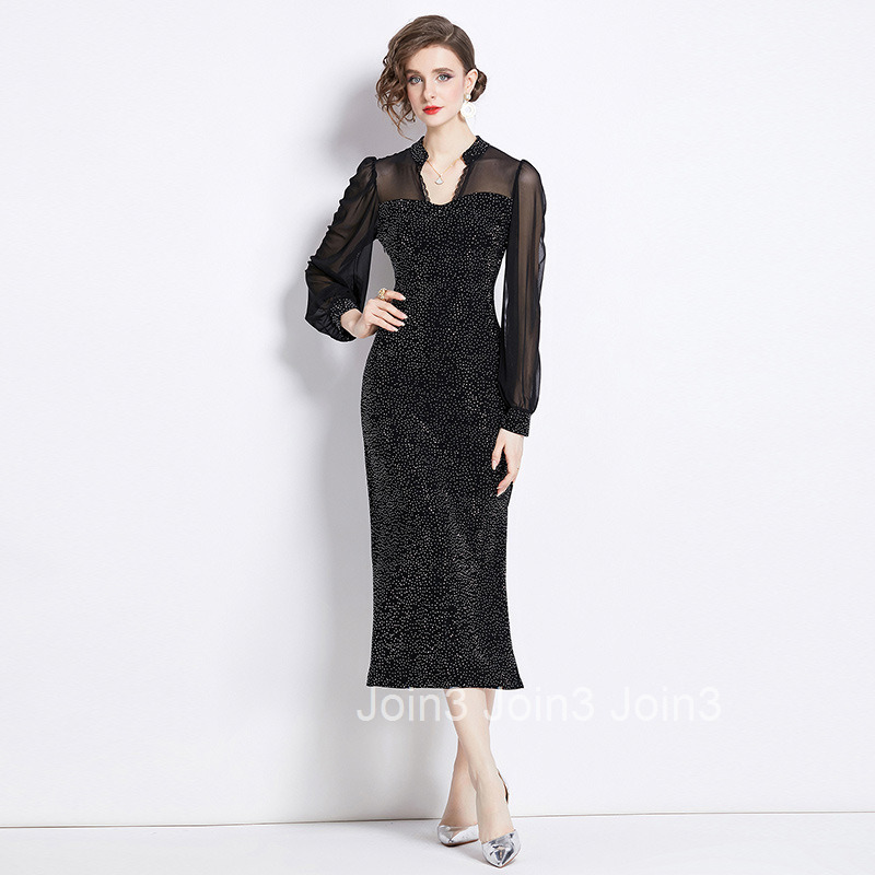 8723 Spring and Autumn New Womens Fashionable Rhinestone Patchwork Mesh Black Long Dress